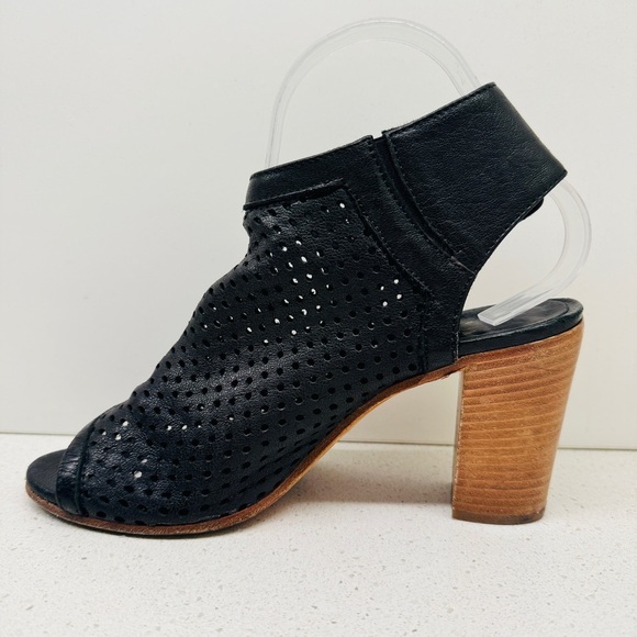 Mimosa Black Genuine Soft Leather Shoes Peep Toe Stacked Heel Sandals Sz 37 - Picture 7 of 15